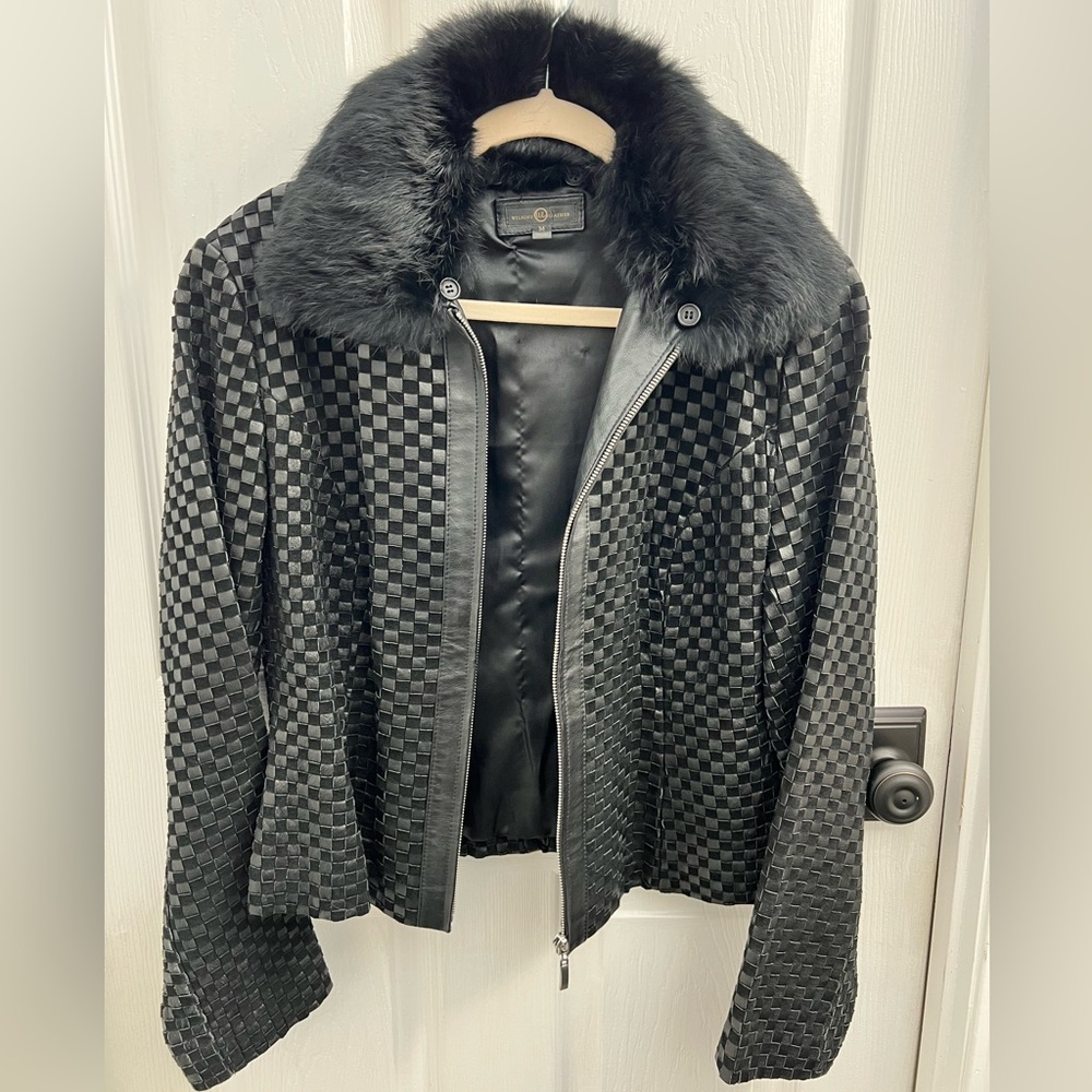 Wilsons Leather Black Checkered Bomber Jacket 100% Rabbit Fur Collar